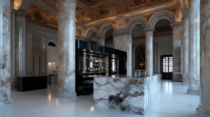 Grand, luxurious bar in a historic hall.  Marble countertop, dark cabinetry, elegant columns, and arched ceilings create a sophisticated atmosphere