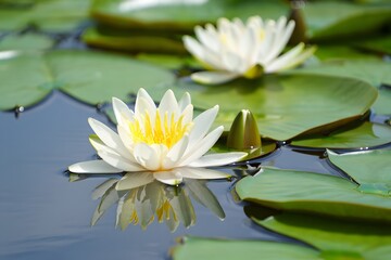 A tranquil water scene featuring two delicate water lilies in full bloom, with petals of pure white and vibrant yellow centers, serenely floating on a bed of lily pads amidst the calm water. 