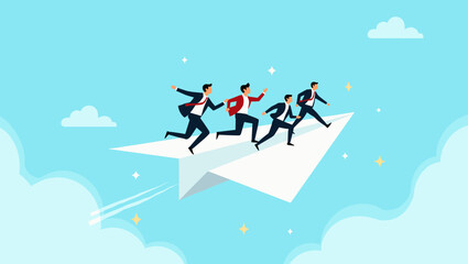 Fototapeta premium Group of business people running on a paper plane, symbolizing ambition, teamwork, leadership, and progress. Concept of fast growth, innovation, and achieving goals together