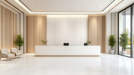 Modern, bright lobby with reception desk.  Spacious and elegant interior design