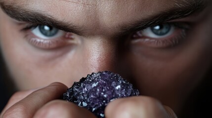 Close-up of a person intently examining a dark purple crystal