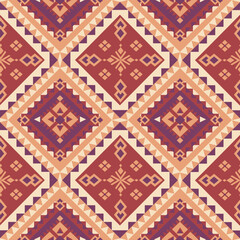Mesmerizing tribal pattern featuring alternating burgundy and purple diamond motifs with intricate geometric symbols. Perfect for culturally-inspired textile and decor projects.