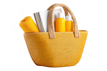 Summer Vacation Essentials Woven Beach Bag with Sunscreen Towel and Book by the Shore, Isolated on Transparent Background