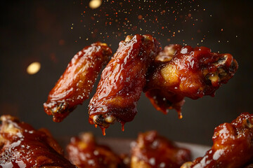 Chicken wings in BBQ sauce, hovering in the air with glaze and spices flying off - highlighting the rich flavor and piquancy