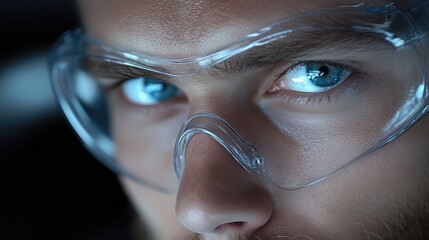 Close-up of a man wearing safety glasses.  Intense gaze