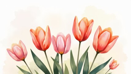 Fototapeta premium Watercolor Illustration Of Pink And Orange Tulips