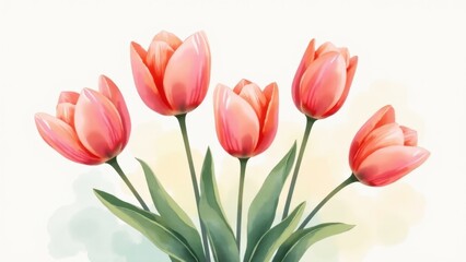 Fototapeta premium Five Pink Tulips In Watercolor Style