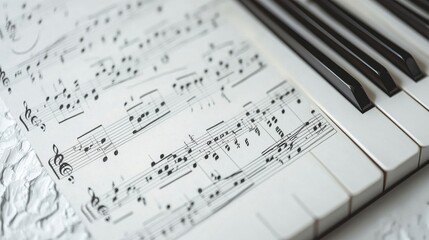 Fototapeta premium A close-up of piano keys with sheet music, illustrating musical composition beautifully.