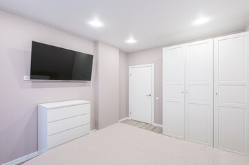 interior room apartment bedroom with bed, cozy place to sleep and relax