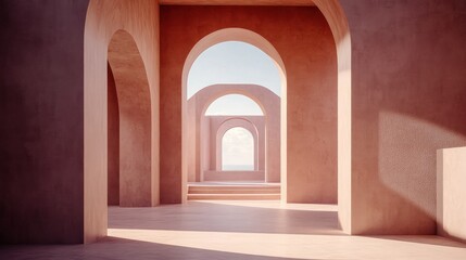 Fototapeta premium A sun-drenched pathway through arches of pale peach.