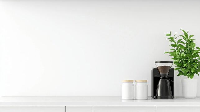 Modern kitchen countertop featuring a coffee maker, jars, and a potted plant against a white wall