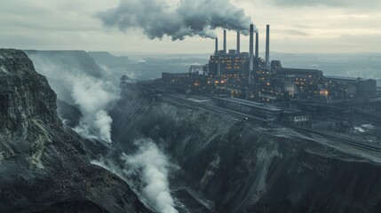 Fototapeta premium Industrial landscape with smokestacks and foggy hills