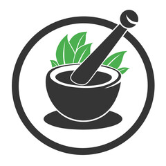 Vector illustration of mortar and pestle logo with green leaves. Symbol of herbal medicine, alternative traditional medicine, natural health. Suitable for use in health brands, pharmacies, herbalists.