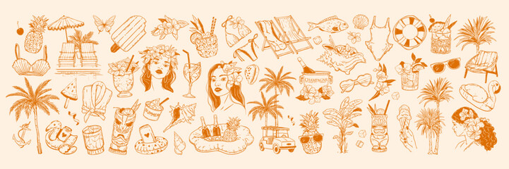 Tropical summer Hawaii doodle set, vector exotic hand drawn travel illustration, paradise island kit. Vacation beach party object, ocean rest line print, traditional Polynesian woman. Tropical summer