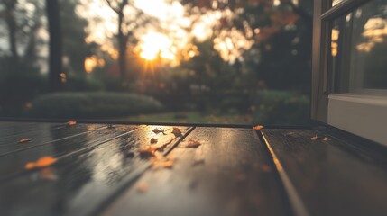 Autumnal patio scene, warm sunset light filtering through an open door onto a wooden deck strewn with fallen leaves