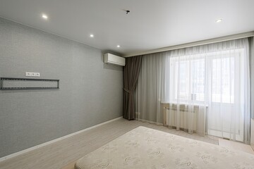 interior room apartment bedroom with bed, cozy place to sleep and relax