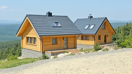 Two wooden mountain cabins nestled in a scenic landscape
