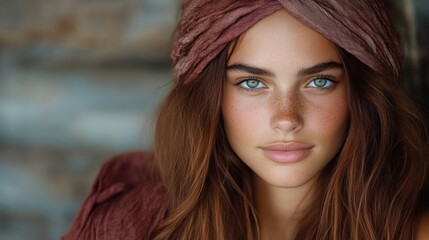 Close-up portrait of a beautiful woman with a stylish turban.  Natural beauty, healthy skin, and expressive eyes