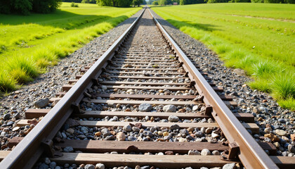 Railway tracks leading through green fields under blue sky  