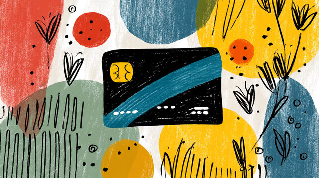 A colorful illustration featuring an abstract background with various shapes and a prominent black credit card design in the center.