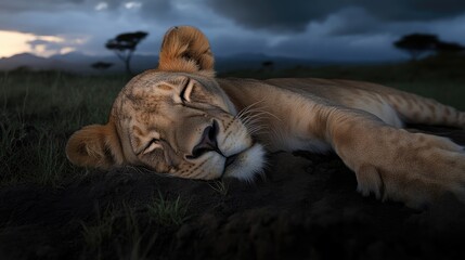 Lioness resting peacefully in savanna twilight