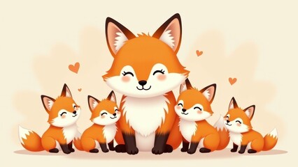 Fototapeta premium Cartoon Fox Family Illustration With Hearts
