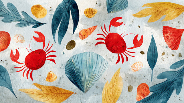 A vibrant illustration featuring crabs, seashells, and leaves, creating a lively underwater scene with a playful artistic flair.