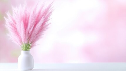 Delicate pink grass in a simple white vase.  Soft, pastel backdrop