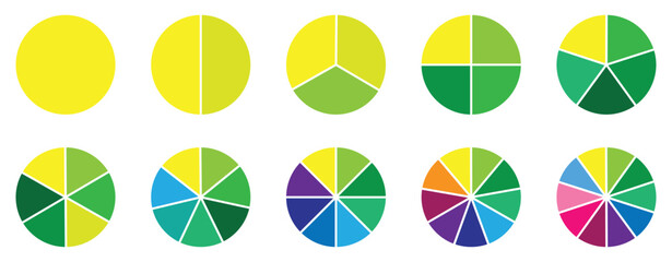 Pie charts diagrams. Different color circles. donut and pie chart infographic elements set. Colorful diagram collection with. Circle icons for infographic. Vector illustration