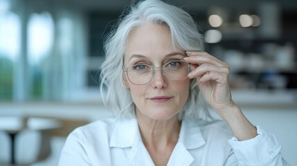 Focused mature woman in a white lab coat