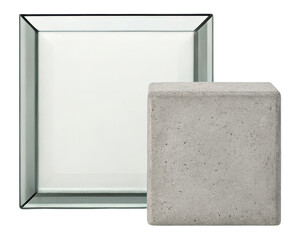 Contemporary glass and concrete display pieces on a transparent background