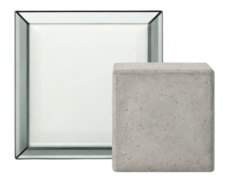 Contemporary glass and concrete display pieces on a transparent background