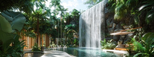 Lush tropical rainforest with vibrant wildlife and cascading waterfalls