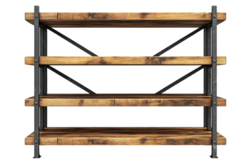 Rustic industrial four shelf wooden bookcase with black metal frame against a black background showcasing its sturdy construction and on transparent background