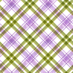 Hand painted illustration watercolor Olive violet stripes on white background. Checkered tartan seamless pattern. Plaid material. Fabric, sketchbook, wallpaper, wrapping paper, bags, cards, banner