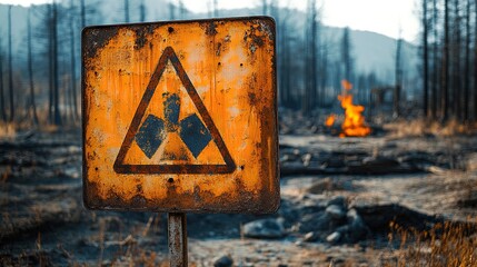 Radiation Hazard Sign in a Burned Forest