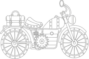 Steampunk Motorcycle Line Art for Coloring Book