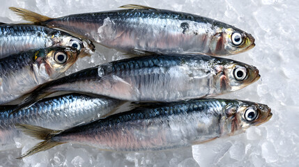 Fototapeta premium Fresh Whole Sardines on Ice with Realistic Details for Culinary and Seafood Photography