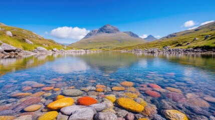 Serene mountain lake with colorful stones. Crystal clear water reflects the peaks