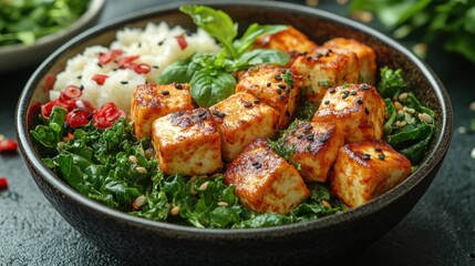 Fototapeta premium Delicious tofu and vegetable bowl with fresh greens and rice served in a stylish dish