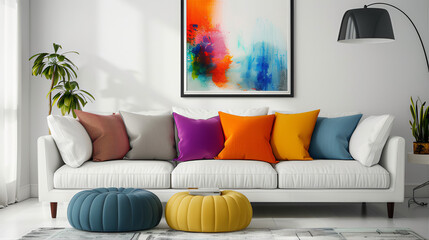 Modern living room interior, Modern living room with sofa, Modern living room, A modern Scandinavian interior design with sofa and colorful cushion