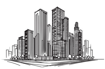 Naklejka premium one line logo sketch black silhouette building complex
