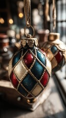 Ornate holiday baubles hang, diamond-patterned, red, gold, blue, close up shot