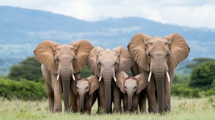 Family of Elephants Gather Together in Vibrant Green Landscape