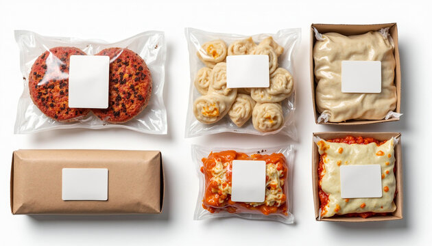 A variety of food items in plastic bags on a white surface.
