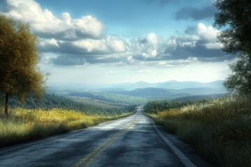Obraz premium Scenic winding road through lush green hills under a cloudy sky in daylight