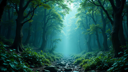 Fototapeta premium Enchanting Forest Scene with Mist and Greenery