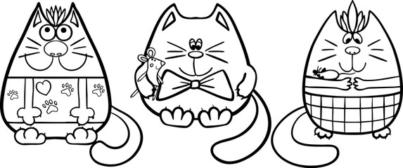 Set of cute cats with mice. Vector illustration of doodle style. Outline isolated on white background