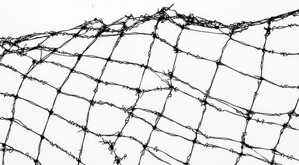 Close-up view of broken wire mesh on dark ground.