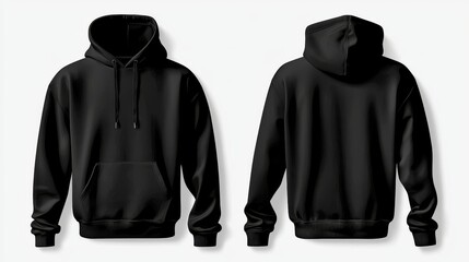 Front and back view of blank black hoodies 